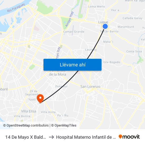 14 De Mayo X Balderrama to Hospital Materno Infantil de Villa Elisa map