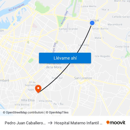 Pedro Juan Caballero X Herrera to Hospital Materno Infantil de Villa Elisa map