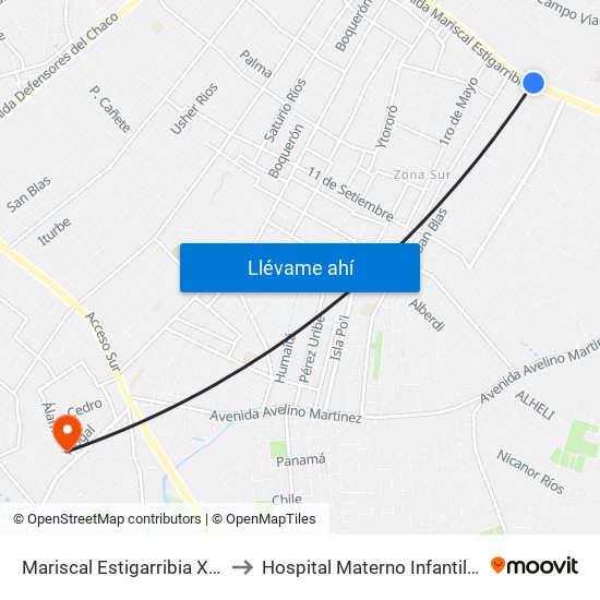 Mariscal Estigarribia X Atilio Galfre to Hospital Materno Infantil de Villa Elisa map
