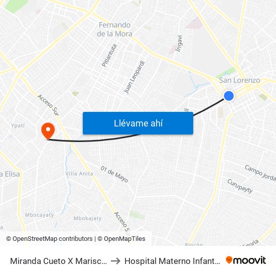Miranda Cueto X Mariscal Estigarribia to Hospital Materno Infantil de Villa Elisa map