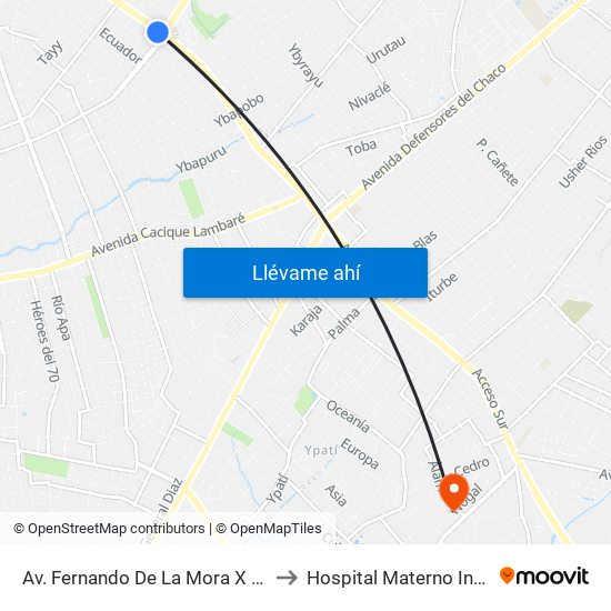Av. Fernando De La Mora X Av. República Argentina to Hospital Materno Infantil de Villa Elisa map