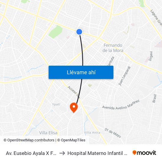 Av. Eusebio Ayala X Félix Lopéz to Hospital Materno Infantil de Villa Elisa map