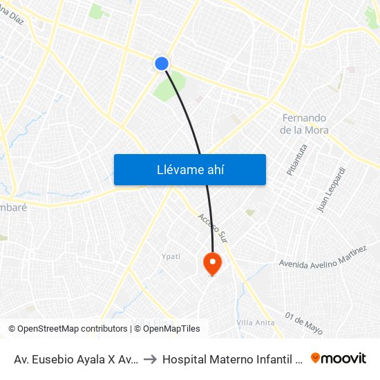 Av. Eusebio Ayala X Av. Argentina to Hospital Materno Infantil de Villa Elisa map