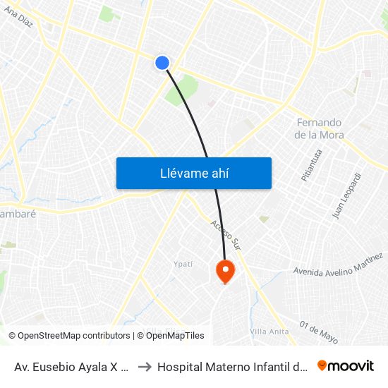 Av. Eusebio Ayala X Nazareth to Hospital Materno Infantil de Villa Elisa map