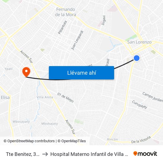 Tte Benitez, 326 to Hospital Materno Infantil de Villa Elisa map