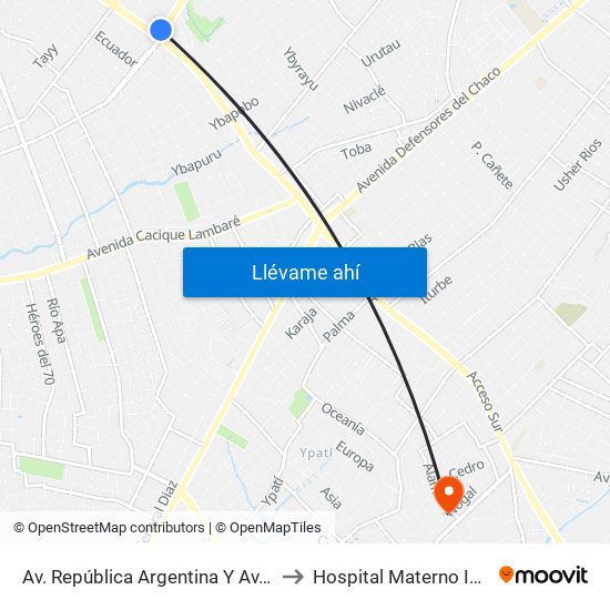 Av. República Argentina Y Av. Dr. Fernando De La Mora to Hospital Materno Infantil de Villa Elisa map