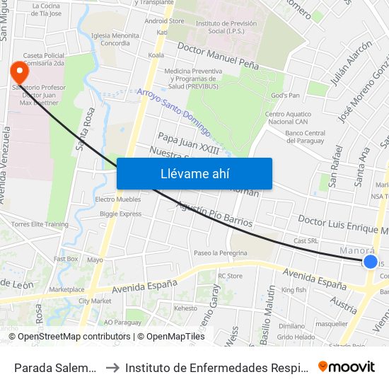 Parada Salemma Super Center to Instituto de Enfermedades Respiratorias y del Ambiente - INERAM map