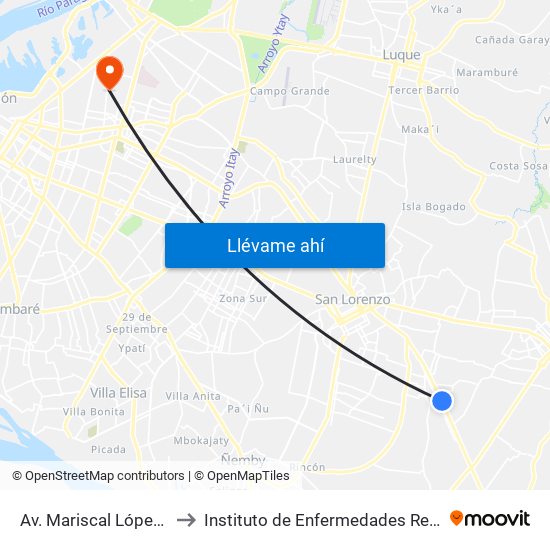 Av. Mariscal López (Parada Km. 17 (1/2)) to Instituto de Enfermedades Respiratorias y del Ambiente - INERAM map