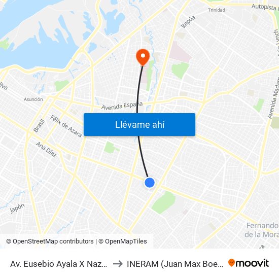 Av. Eusebio Ayala X Nazareth to INERAM (Juan Max Boetner) map
