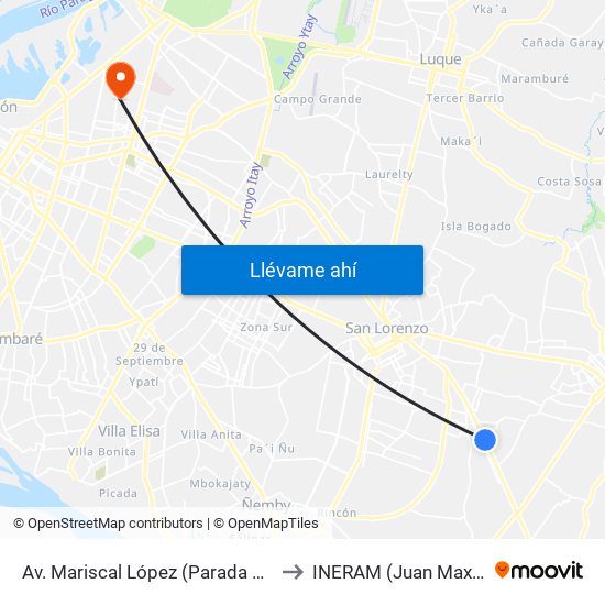 Av. Mariscal López (Parada Km. 17 (1/2)) to INERAM (Juan Max Boetner) map