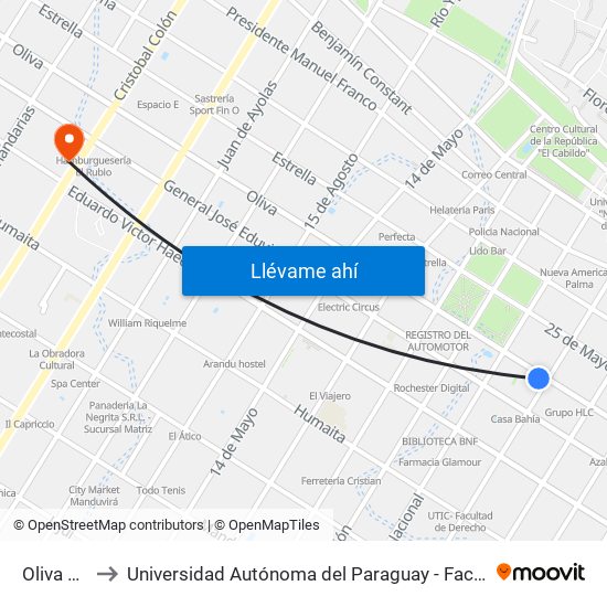 Oliva X Yegros to Universidad Autónoma del Paraguay - Facultad de Odontología Pierre Fauchard map