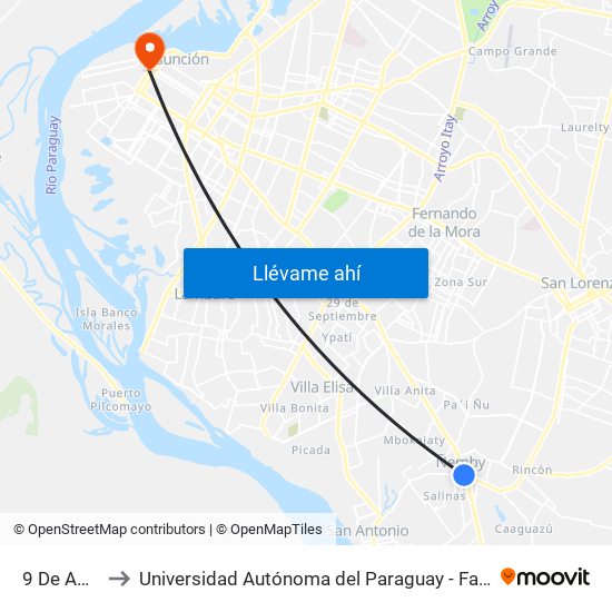 9 De Agosto, 345 to Universidad Autónoma del Paraguay - Facultad de Odontología Pierre Fauchard map