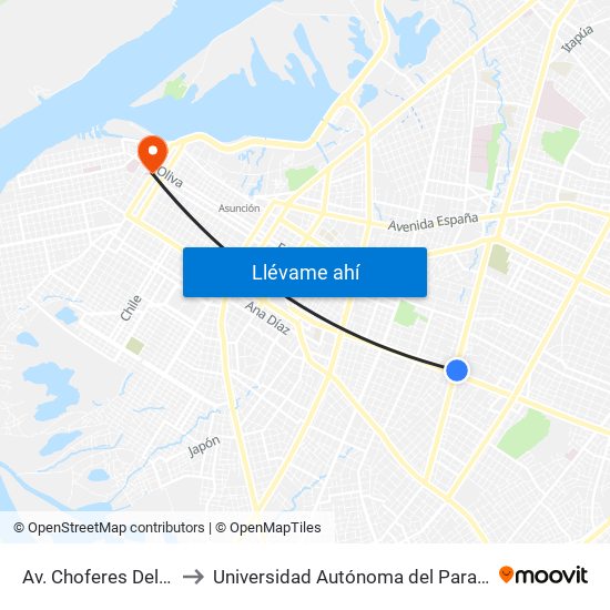 Av. Choferes Del Chaco X Av. Eusebio Ayala to Universidad Autónoma del Paraguay - Facultad de Odontología Pierre Fauchard map