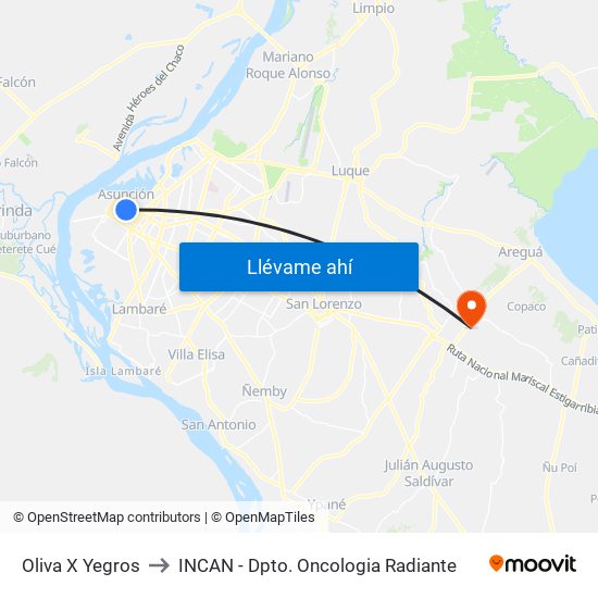 Oliva X Yegros to INCAN - Dpto. Oncologia Radiante map