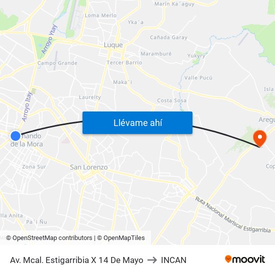 Av. Mcal. Estigarribia X 14 De Mayo to INCAN map