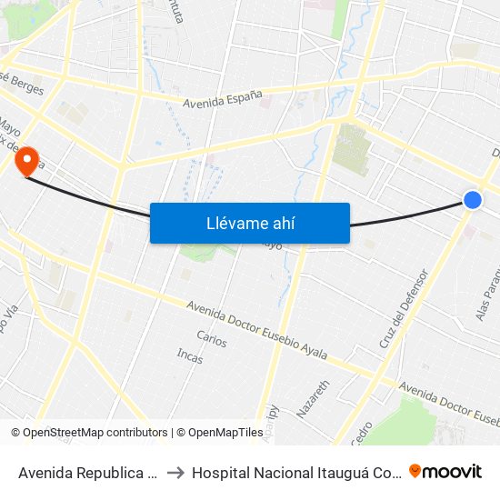 Avenida Republica Argentina, 201 to Hospital Nacional Itauguá Consultorio Salud Fetal map