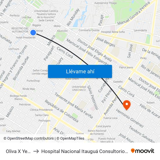 Oliva X Yegros to Hospital Nacional Itauguá Consultorio Salud Fetal map