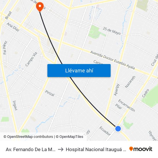 Av. Fernando De La Mora X Av. Argentina to Hospital Nacional Itauguá Consultorio Salud Fetal map