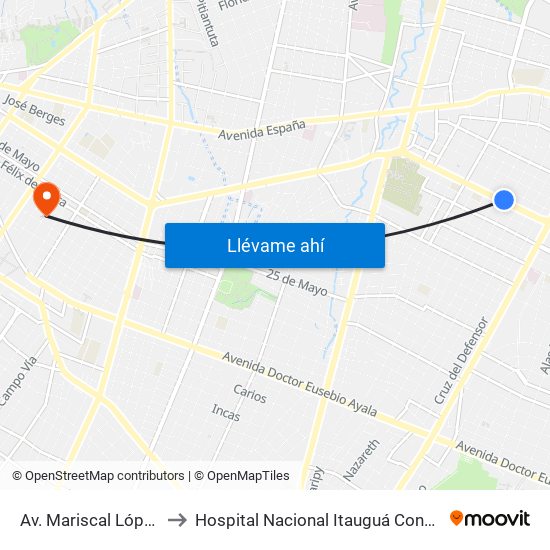Av. Mariscal López X Bulnes to Hospital Nacional Itauguá Consultorio Salud Fetal map