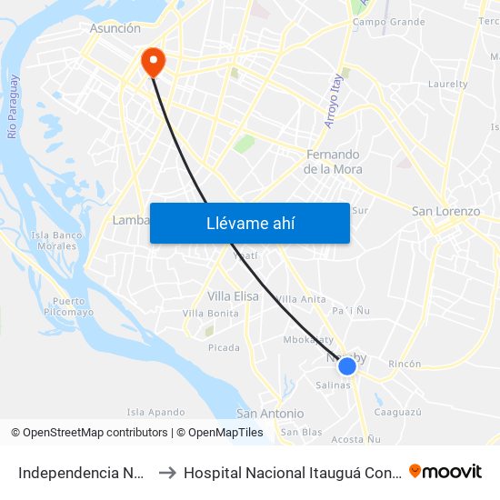 Independencia Nacional, 2196 to Hospital Nacional Itauguá Consultorio Salud Fetal map