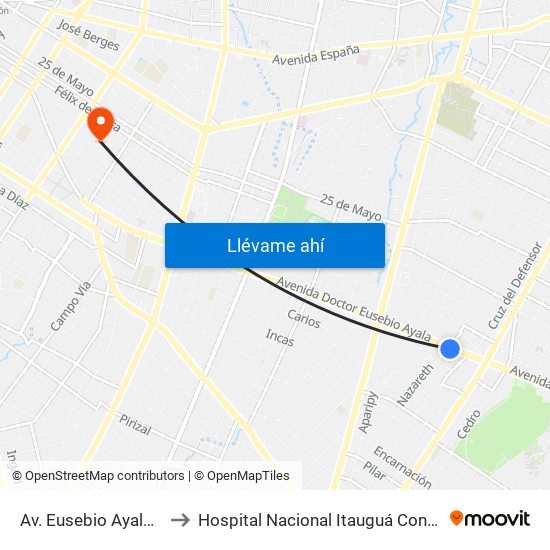 Av. Eusebio Ayala X Nazareth to Hospital Nacional Itauguá Consultorio Salud Fetal map