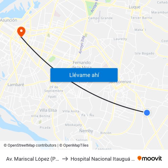 Av. Mariscal López (Parada Km. 17 (1/2)) to Hospital Nacional Itauguá Consultorio Salud Fetal map