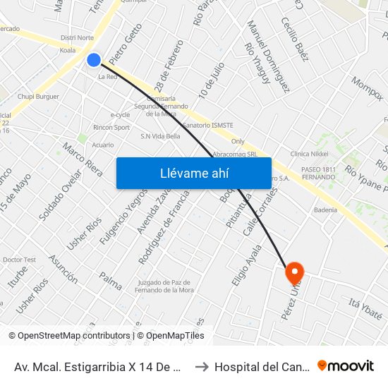 Av. Mcal. Estigarribia X 14 De Mayo to Hospital del Cancer map