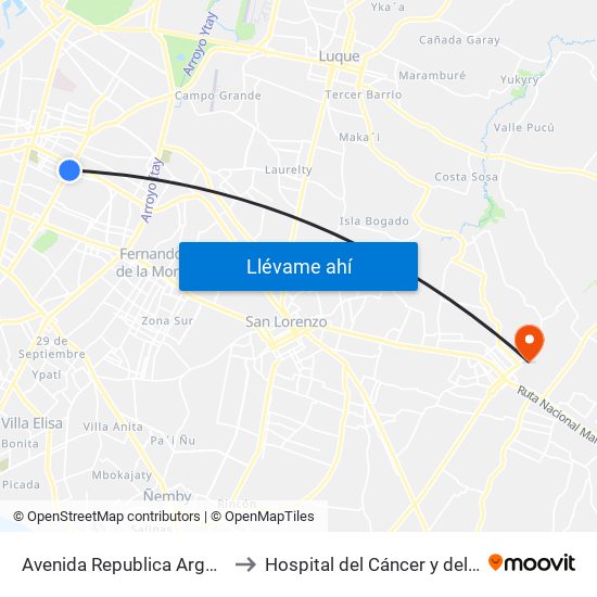 Avenida Republica Argentina, 201 to Hospital del Cáncer y del Quemado map