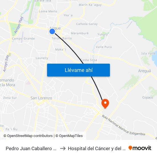 Pedro Juan Caballero X Herrera to Hospital del Cáncer y del Quemado map