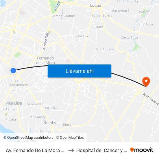 Av. Fernando De La Mora X De La Victoria to Hospital del Cáncer y del Quemado map