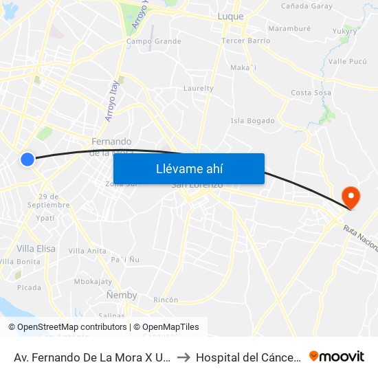 Av. Fernando De La Mora X Universitarios Del Chaco to Hospital del Cáncer y del Quemado map