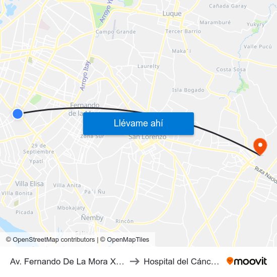 Av. Fernando De La Mora X Av. República Argentina to Hospital del Cáncer y del Quemado map