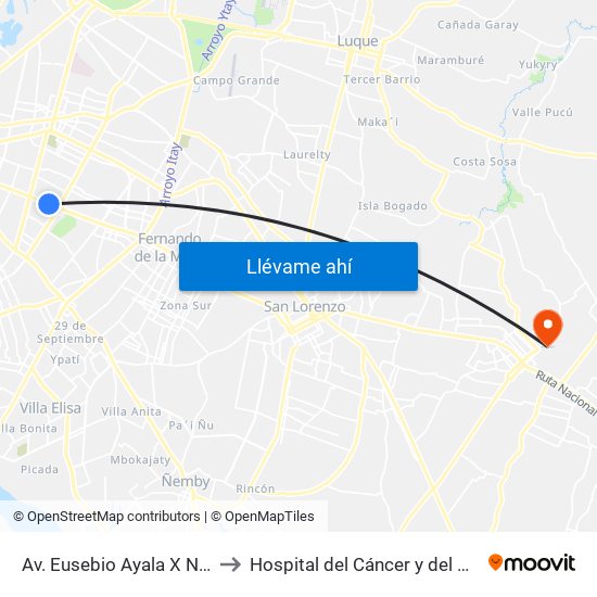Av. Eusebio Ayala X Nazareth to Hospital del Cáncer y del Quemado map