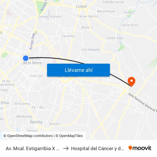 Av. Mcal. Estigarribia X 14 De Mayo to Hospital del Cáncer y del Quemado map