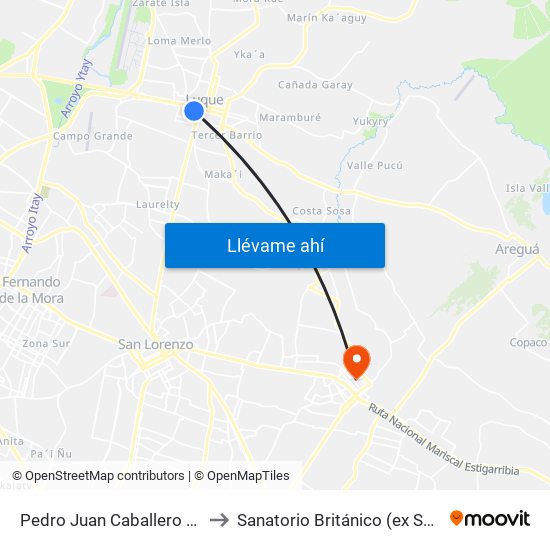 Pedro Juan Caballero X Herrera to Sanatorio Británico (ex Santa Clara) map