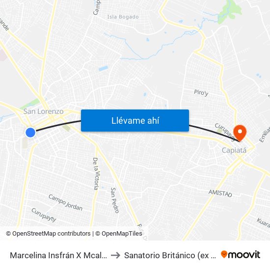 Marcelina Insfrán X Mcal. Estigarribia to Sanatorio Británico (ex Santa Clara) map