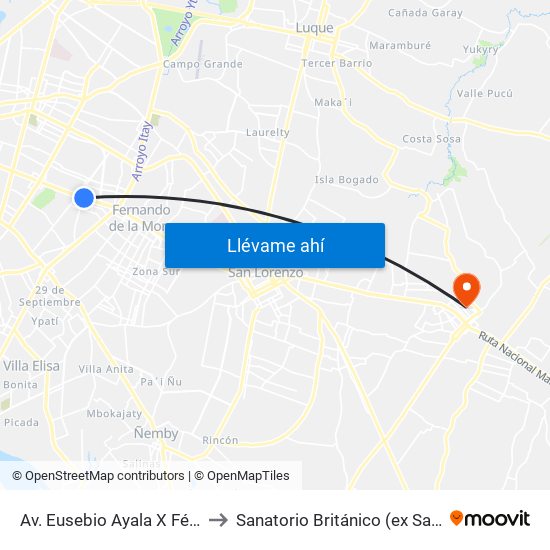 Av. Eusebio Ayala X Félix Lopéz to Sanatorio Británico (ex Santa Clara) map