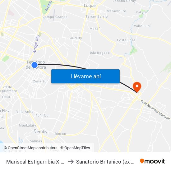 Mariscal Estigarribia X 10 De Julio to Sanatorio Británico (ex Santa Clara) map