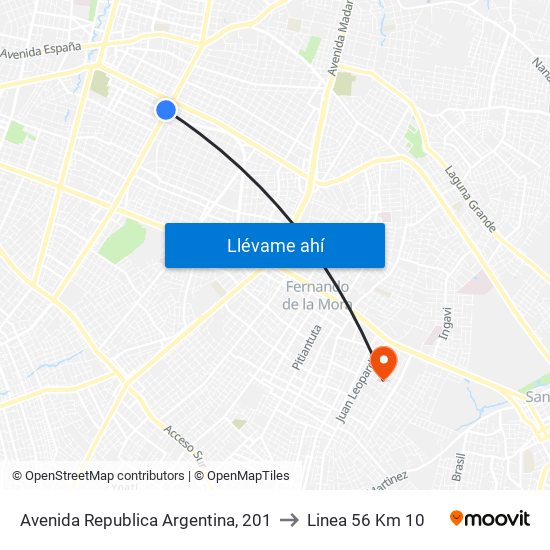 Avenida Republica Argentina, 201 to Linea 56 Km 10 map