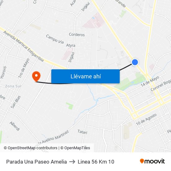 Parada Una Paseo Amelia to Linea 56 Km 10 map