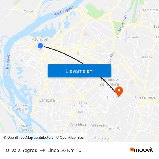 Oliva X Yegros to Linea 56 Km 10 map