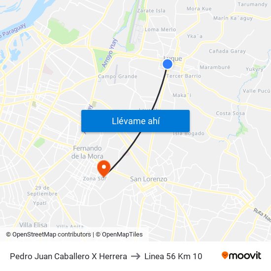 Pedro Juan Caballero X Herrera to Linea 56 Km 10 map