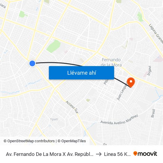 Av. Fernando De La Mora X Av. República Argentina to Linea 56 Km 10 map