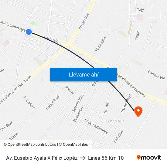 Av. Eusebio Ayala X Félix Lopéz to Linea 56 Km 10 map