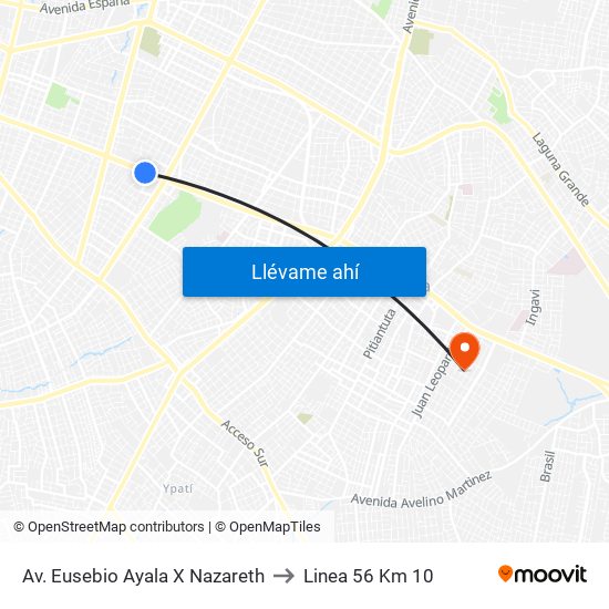 Av. Eusebio Ayala X Nazareth to Linea 56 Km 10 map