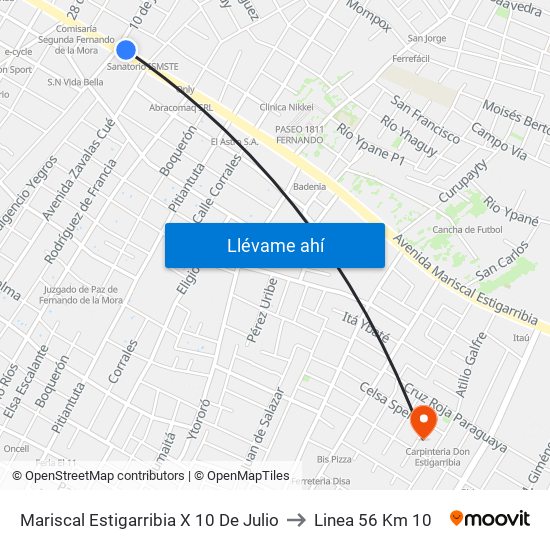 Mariscal Estigarribia X 10 De Julio to Linea 56 Km 10 map