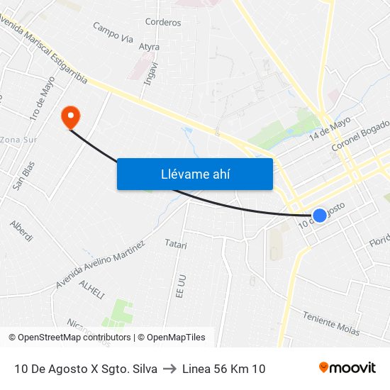 10 De Agosto X Sgto. Silva to Linea 56 Km 10 map