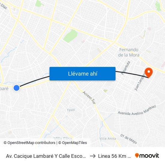 Av. Cacique Lambaré Y Calle Escobar to Linea 56 Km 10 map