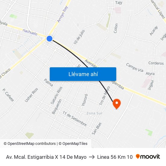 Av. Mcal. Estigarribia X 14 De Mayo to Linea 56 Km 10 map