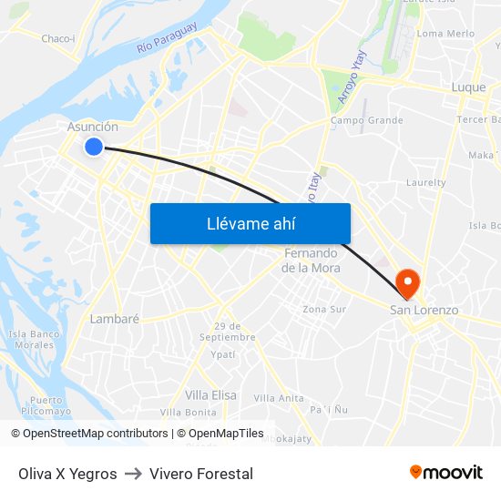 Oliva X Yegros to Vivero Forestal map